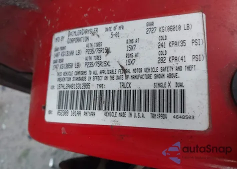 2001 Dodge Dakota Slt/Sport z USA, uszkodzony, nr VIN 1B7HL2AN81S312895